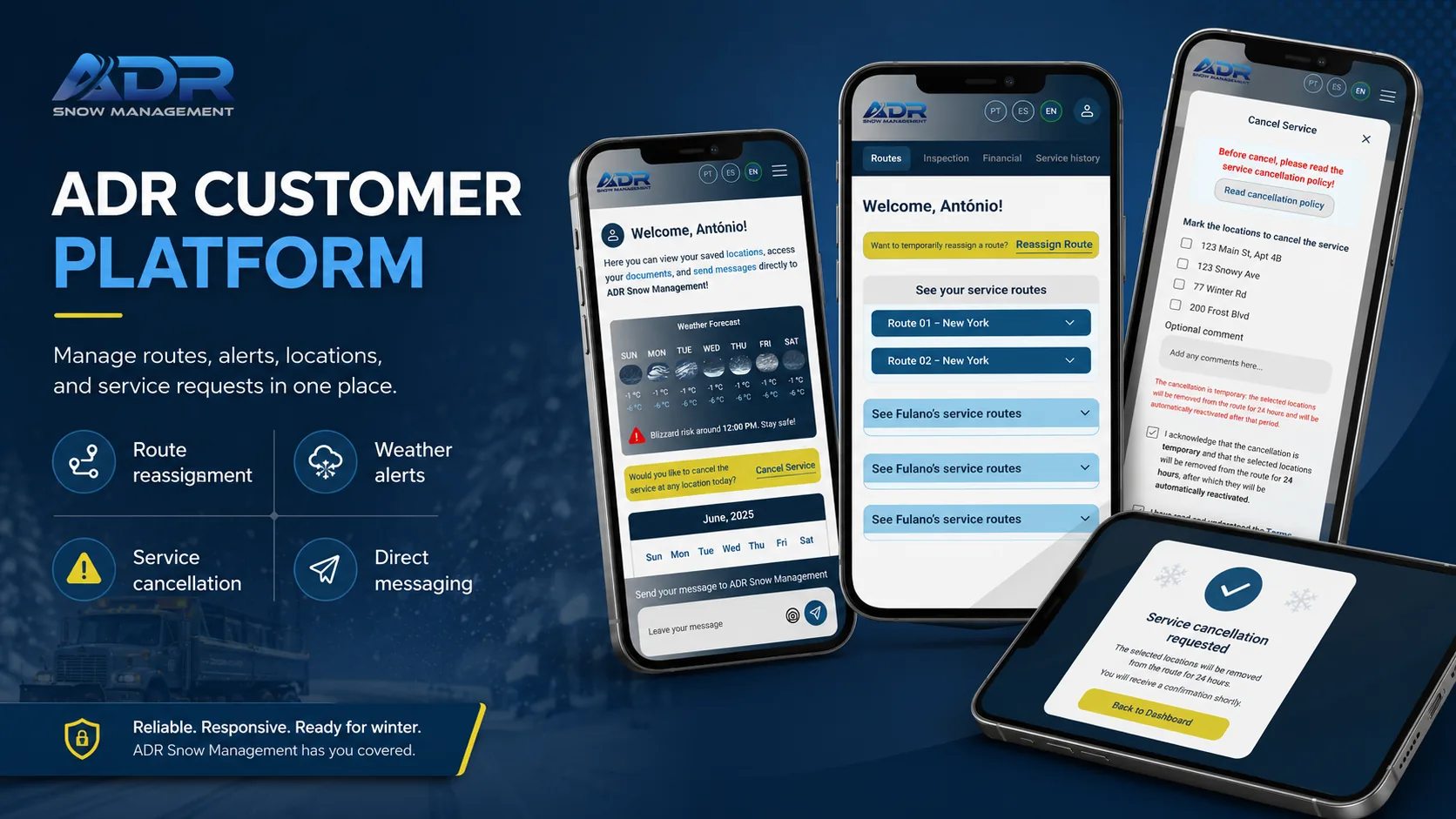 ADR Snow app — mobile screens showing route management, service requests and direct messaging
